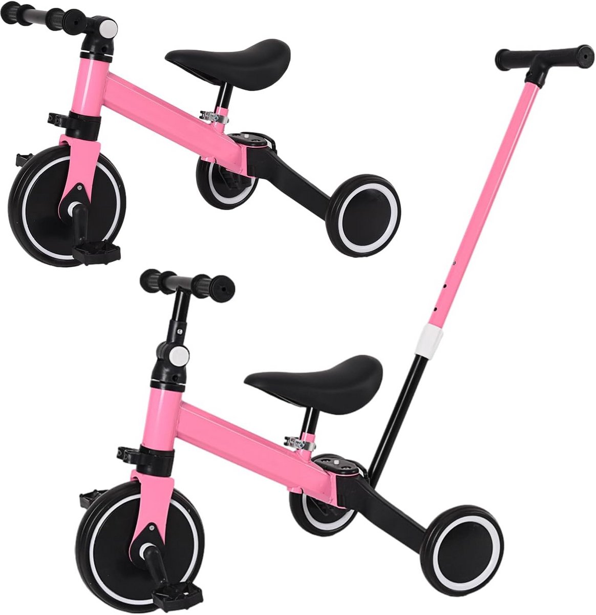3 in 1 kinderdriewieler loopfiets voor baby s en peuters zwart roze