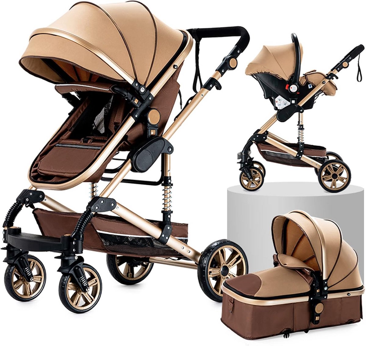3-in-1 Kinderwagen Compleet Set met Omkeerbare Duwstang en Draagmand Driewieler kopen online
