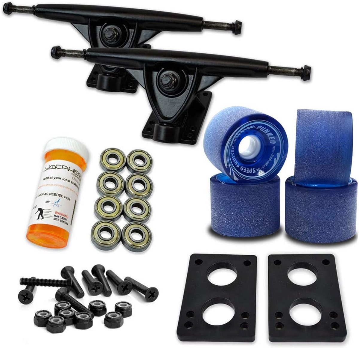 complete longboard set 71mm wielen zwarte 180mm trucks en hardware inclusief lagers en riser pads