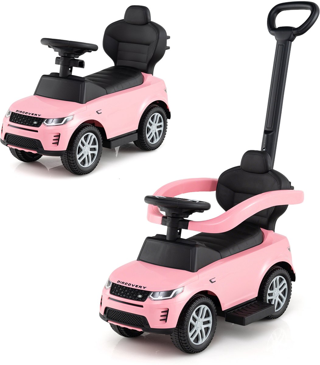 costway 3 in 1 glijauto met schuifstang glijvoertuig met afneembare handgreep en beschermbeugel voor kinderen vanaf 1 jaar roze