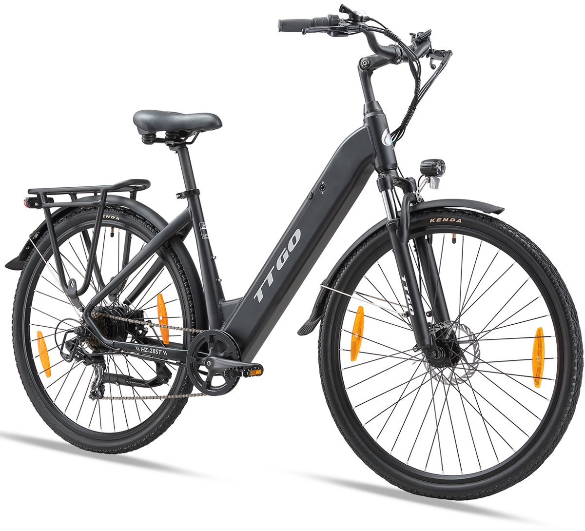 elektrische stadsfiets met lage instap grote 720wh accu tot 110 km bereik 28 inch shimano 7 speed zwart ttgo