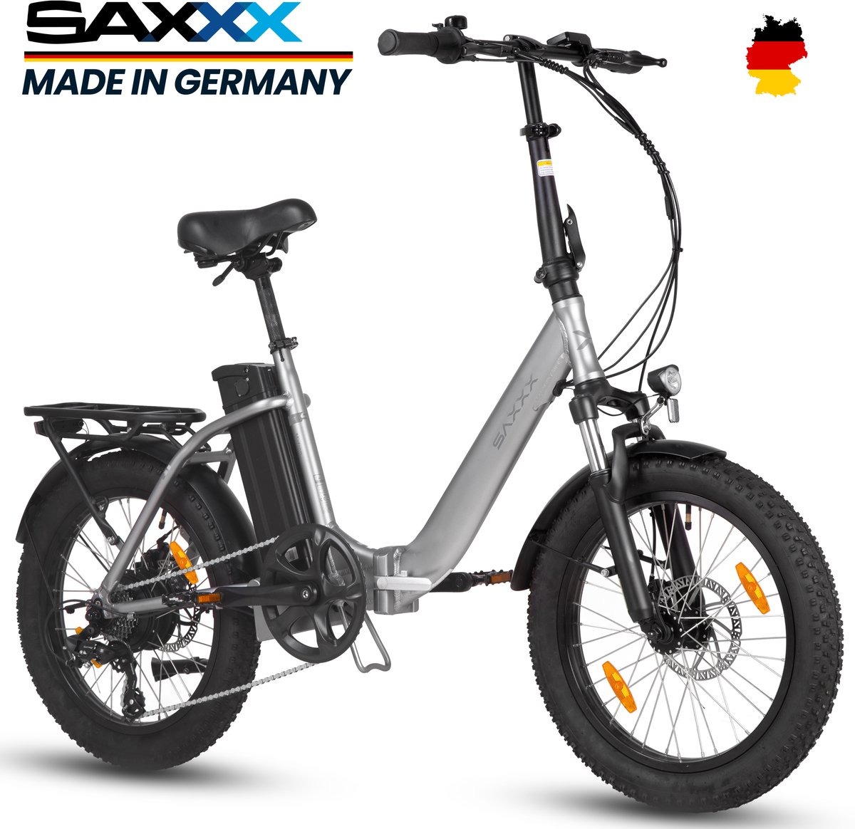 elektrische stadsfiets saxxx vouwbare stadsfiets europees gemaakt 95 voorgemonteerd afneembare 468wh accu tot 100 km bereik shimano nexus 7 zilvergrijs