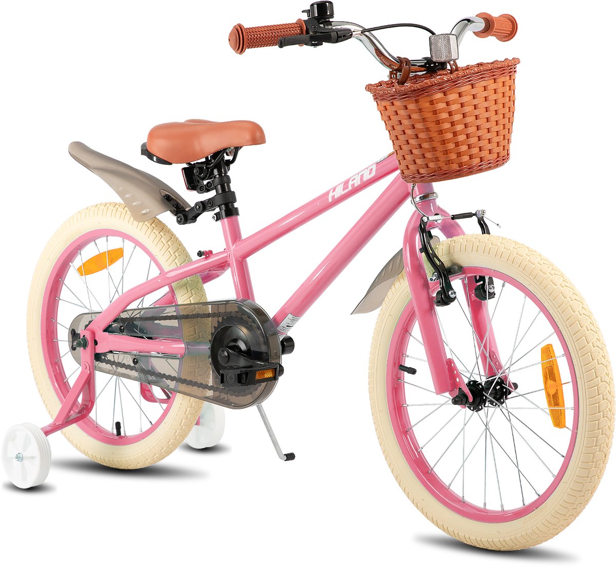 Hiland Meisjesfiets - 18 Inch - Met Mandje & Zijwieltjes - Handrem & Terugtraprem - Roze Kinderfiets kopen online