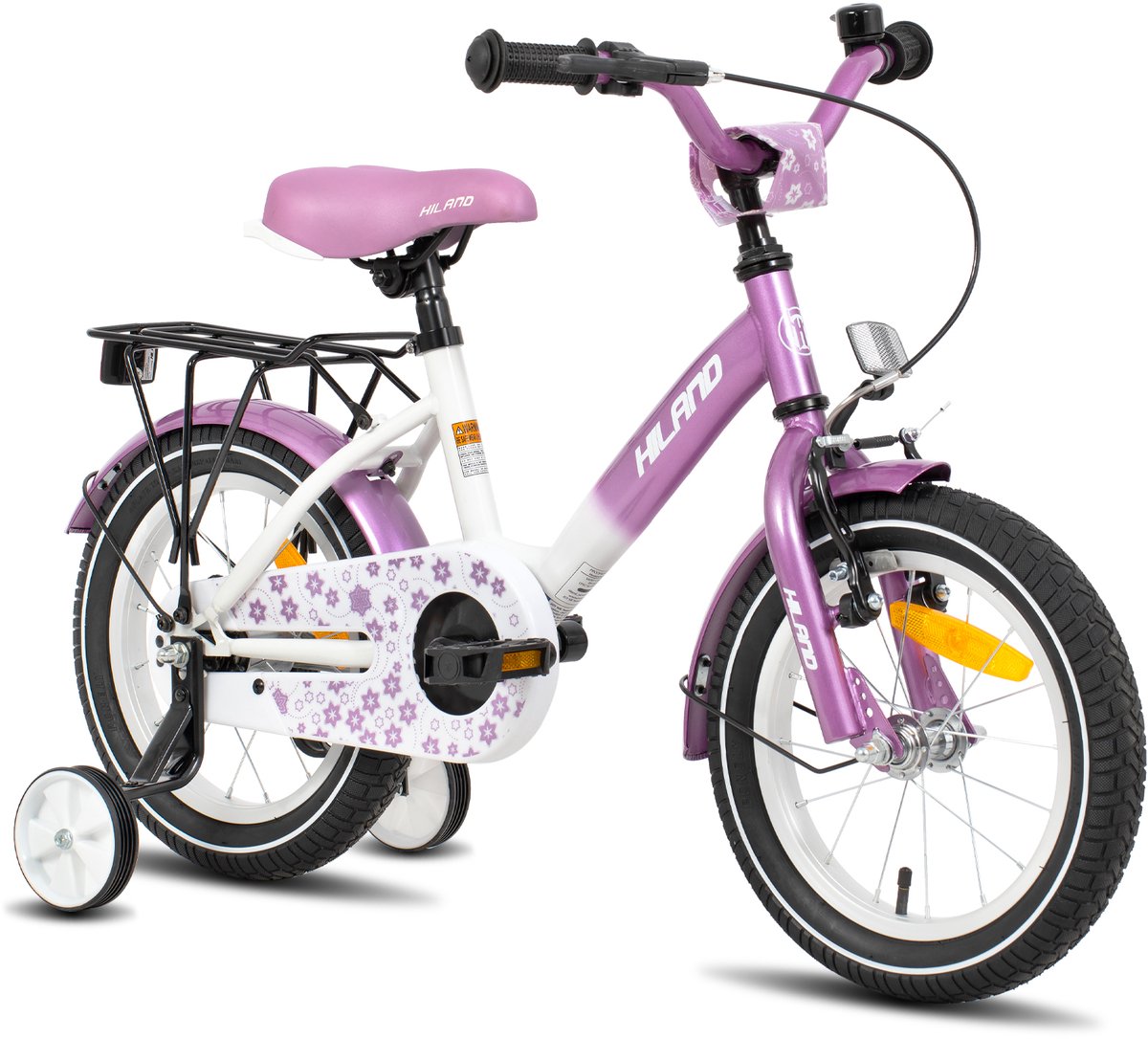 Hiland Starry Meisjesfiets - 14 Inch - Inclusief Zijwieltjes & Bagagedrager - Handrem & Terugtraprem - Paars Kinderfiets kopen online