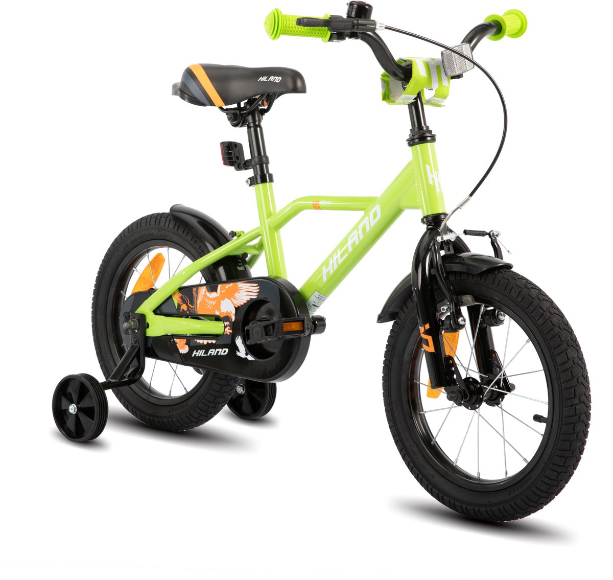 Hiland Stoere Jongensfiets - 14 Inch - Met Zijwieltjes & Standaard - Handrem & Terugtraprem - Groen Kinderfiets kopen online