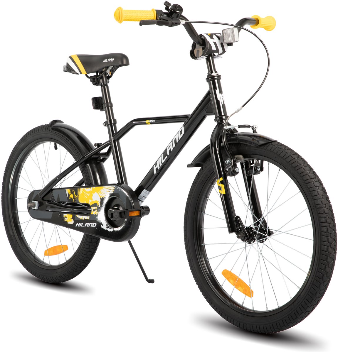 Hiland Stoere Jongensfiets - 20 Inch - Met Zijwieltjes & Standaard - Handrem & Terugtraprem - Zwart/Oranje Kinderfiets kopen online