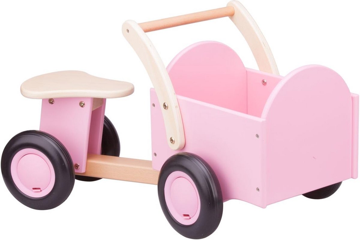 houten loopfiets met bakfiets ontwerp roze 66x36x38cm
