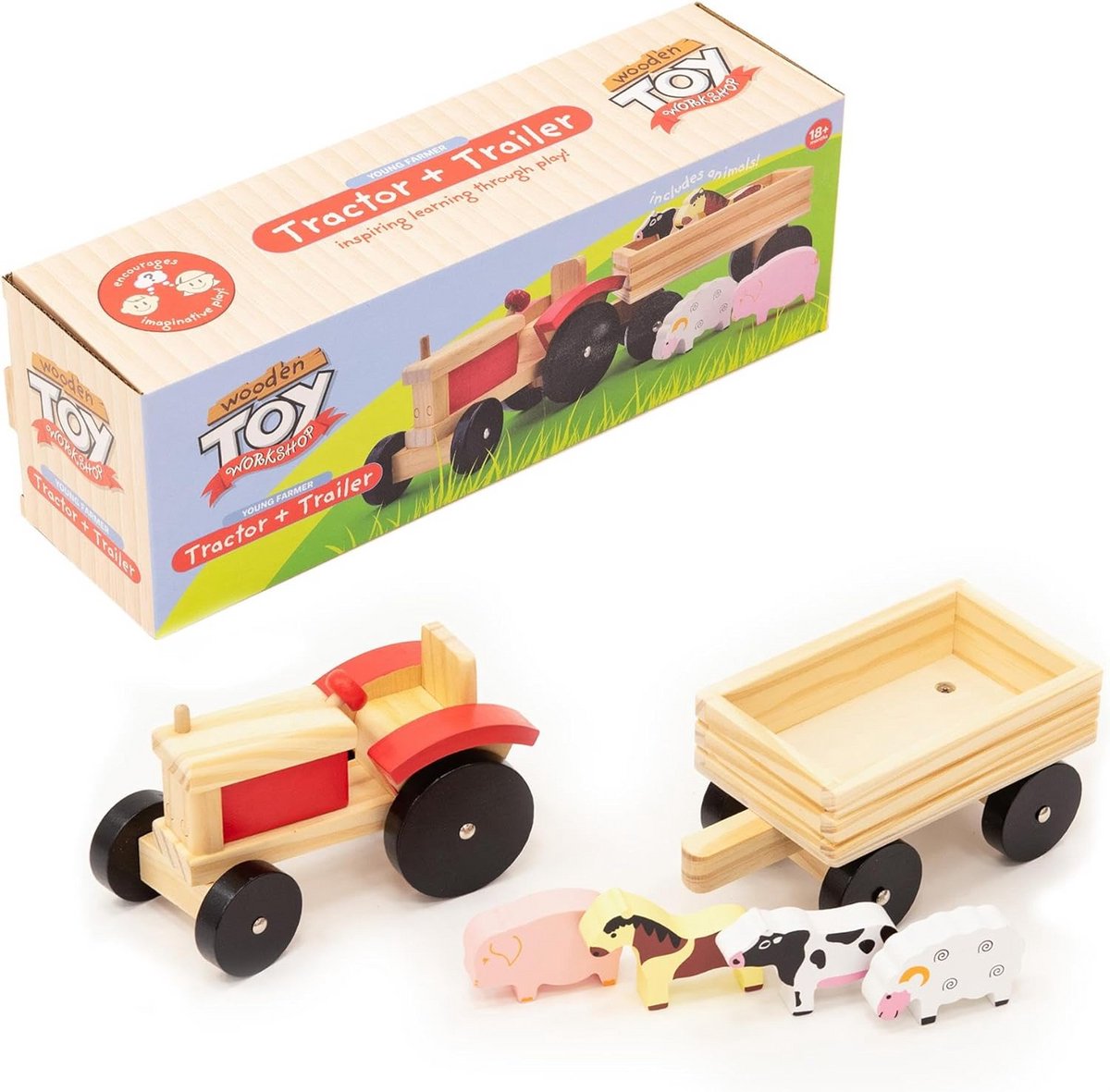 Houten Tractor met Ongeremde Aanhanger Speelgoed Set | Stevig Hout Speelgoedkruiwagen kopen online
