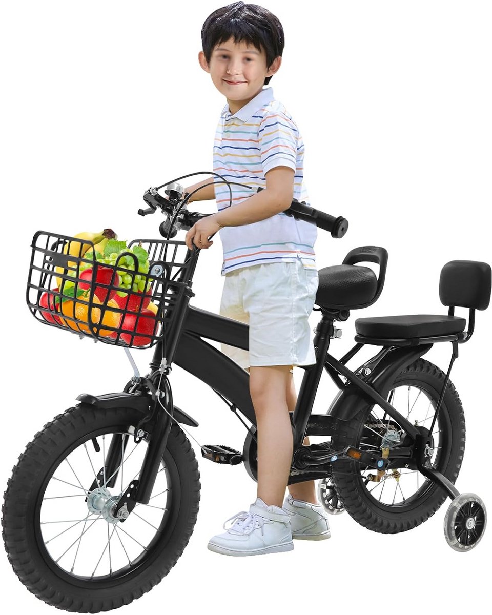 Kinderfiets 14 inch met Zijwieltjes, Mand en Rugleuning - Verstelbaar Zwart Kinderfiets kopen online