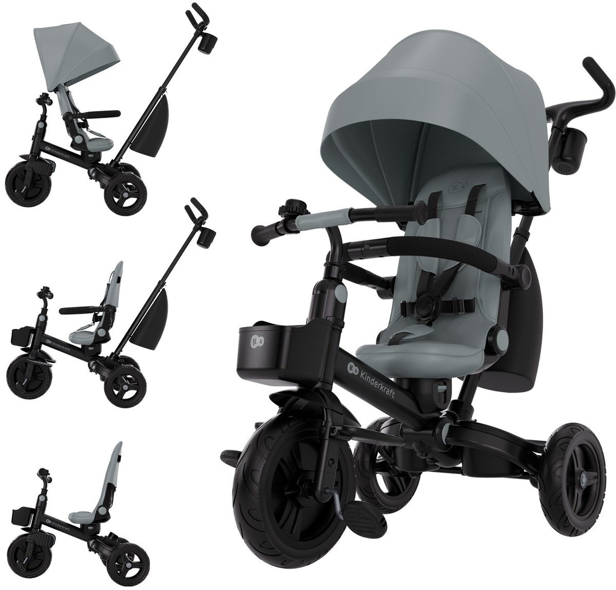 Kinderkraft AVEO 2 PLUS 6-in-1 Tricycle – From 9 Months to 5 Years – Adjustable Seat & Push Bar – With UPF50+ Sunshade, Grijs Driewieler kopen online