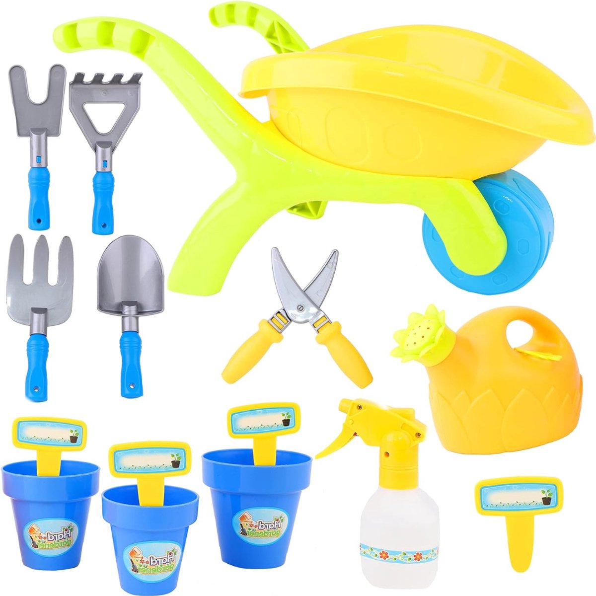 kinderkruiwagen kleine tuiniers 45 cm 14 delige kruiwagen tuingereedschapsset bevat watersproeier plantenpotten plantenstekers gemengde vorken schepje snoeischaar en gieter