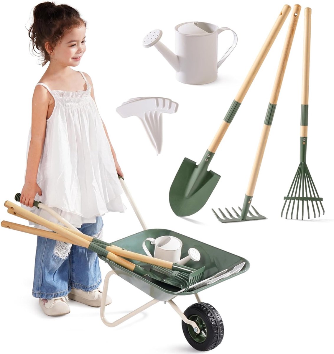 Kinderkruiwagen - Metalen Kruiwagen Voor Kinderen - 5-Delige Olijfgroene Grote Tuinset Met Verstelbare Handgreep Van Grenenhout - Gieter - Hark - Schep - Voor Jongens En Meisjes Vanaf 3 Jaar Speelgoedkruiwagen kopen online