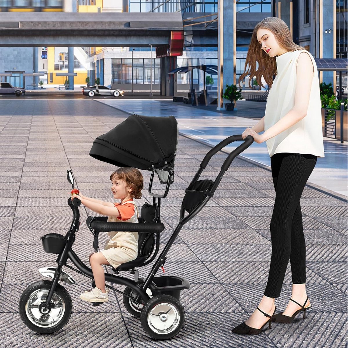 loopfiets driewieler voor baby s en peuters met veilige duwstang en zonnescherm