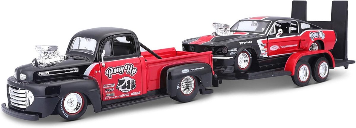 Modeltransporter met USA Klassiekers: Pickup 1948 en Mustang GT 1967, Schaal 1:24, Rood-Zwart Speelgoedkruiwagen kopen online