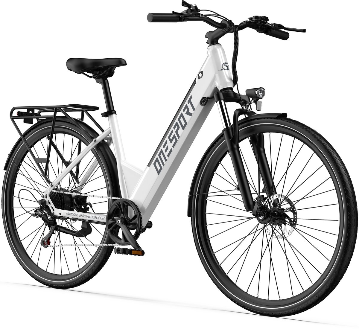 onesport elektrische stadfiets met 468wh accu max 80 km actieradius shimano 7 versnellingen hydraulische vering schijfremmen wit