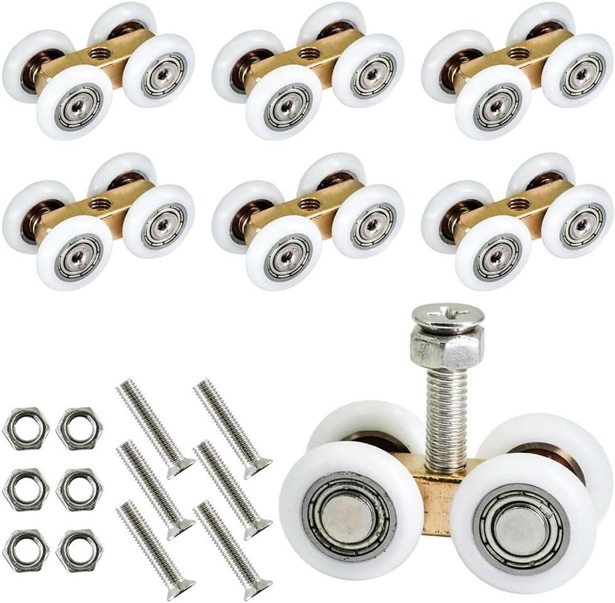 schuifdeurwieltjes van koper met lagers set van 6 wielen voor 20 mm loopprofiel voor kasten en poorten inclusief schroeven