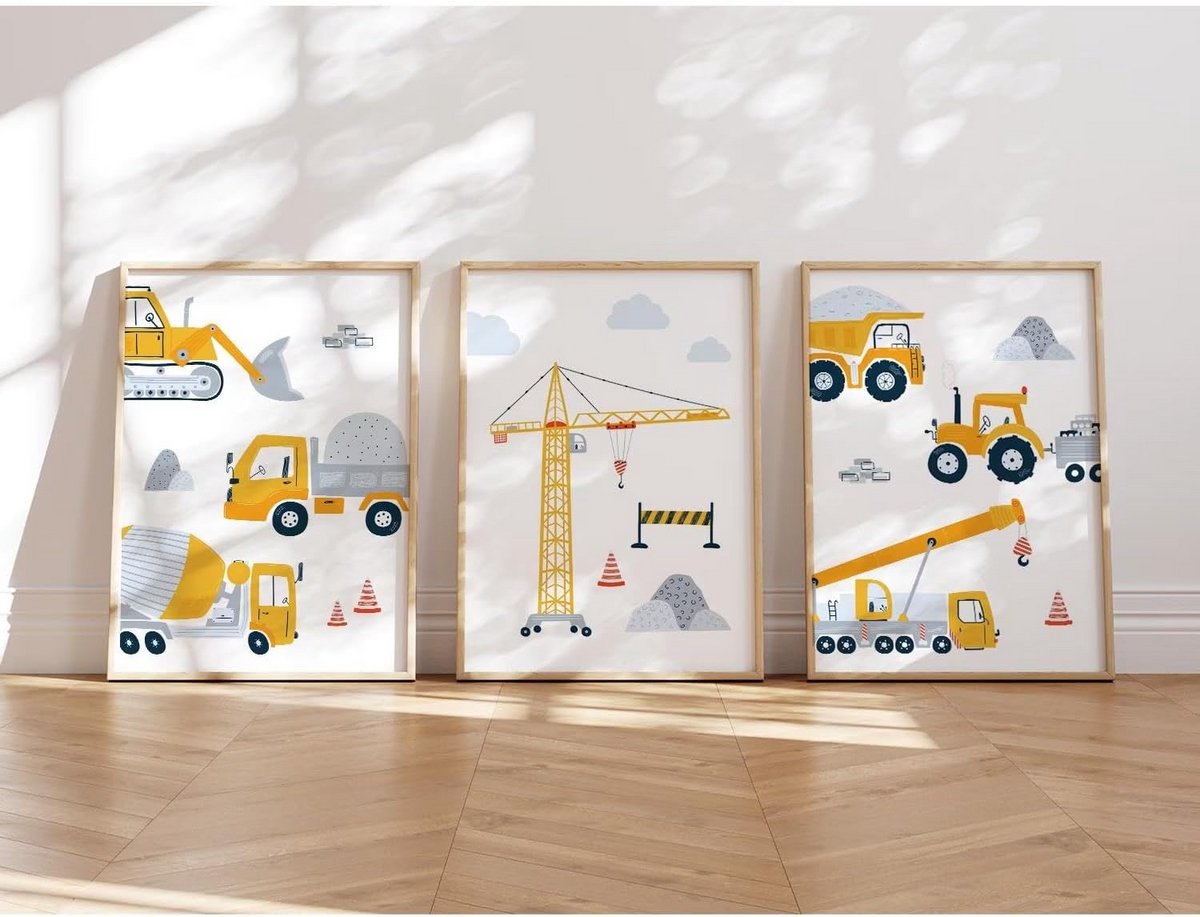 set van 3 a4 posters bouwvoertuigen voor kinderkamer graafmachine kraan en kiepwagen