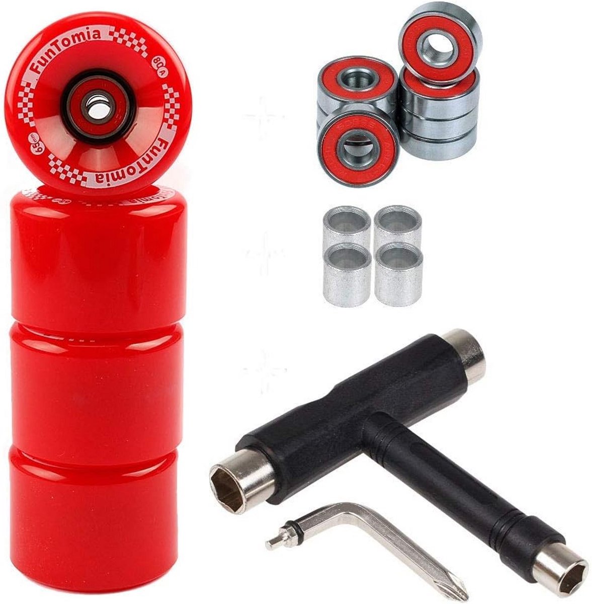 set van 4 longboard skateboard wielen 65mm 80a inclusief kogellagers en t tool