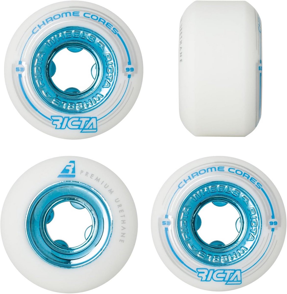 set van 4 skateboard wielen 53mm 99a wit chrome core voor optimale snelheid