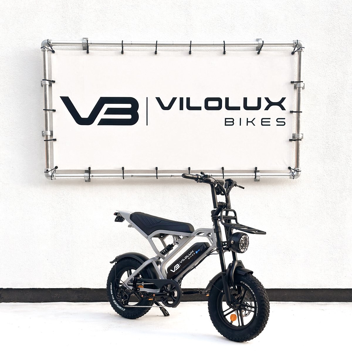 vilolux fatbike electrisch fatbike v20 mini voorrek 2025 model legaal rijklaar geleverd 16 inch 2 jaar garantie telefoontasje hydraulische remmen 7 versnellingen alarm nardo grey