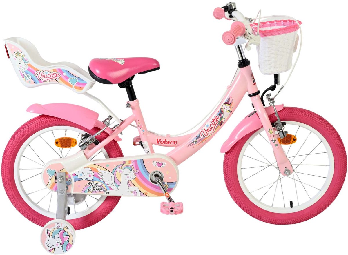 volare unicorn kinderfiets meisjes 16 inch roze twee handremmen