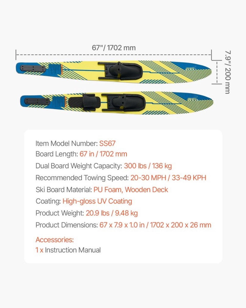 waterski s combo set volwassenen lengte 170 cm verstelbare hoefijzerbindingen gevoerde achterteenplaat hoogglans uv coating geschikt tot 136 kg
