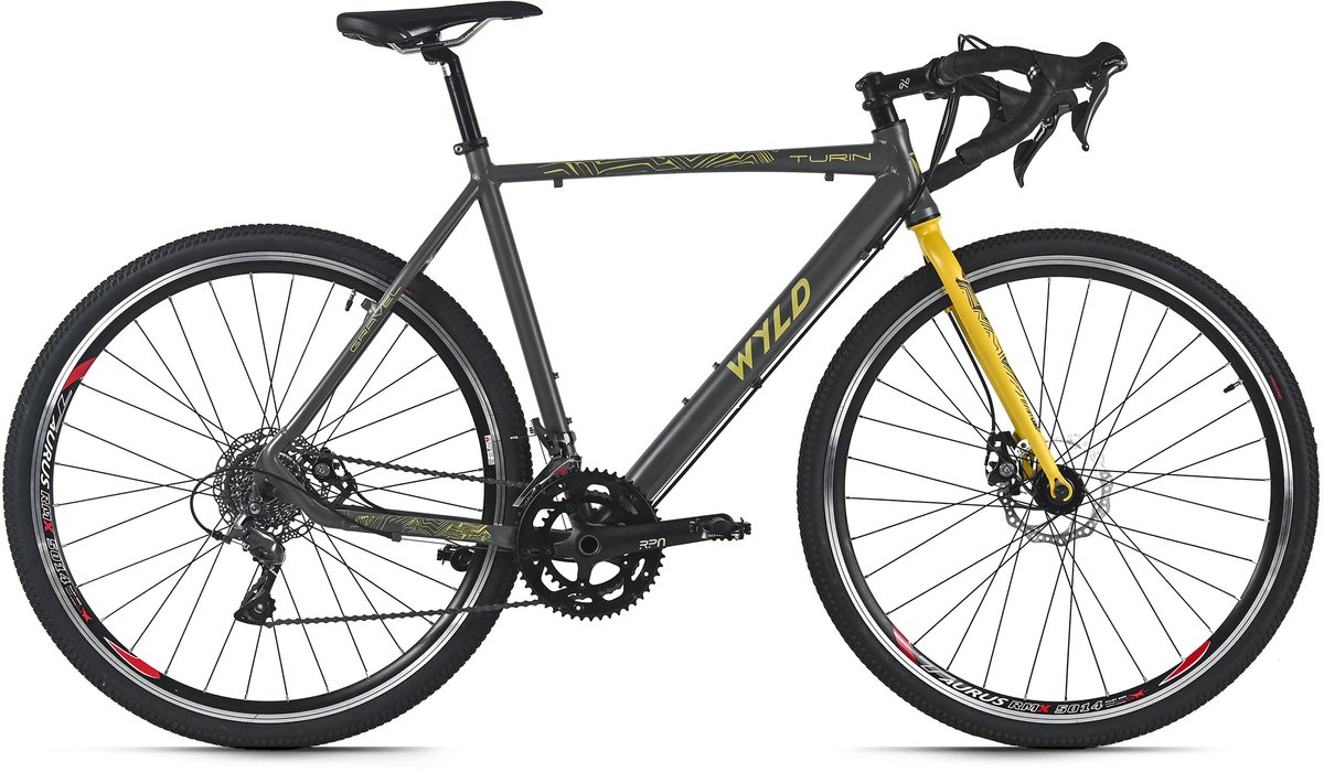 wyld gravelbike 28 turin grijs geel 16 versnellingen framemaat 56 cm