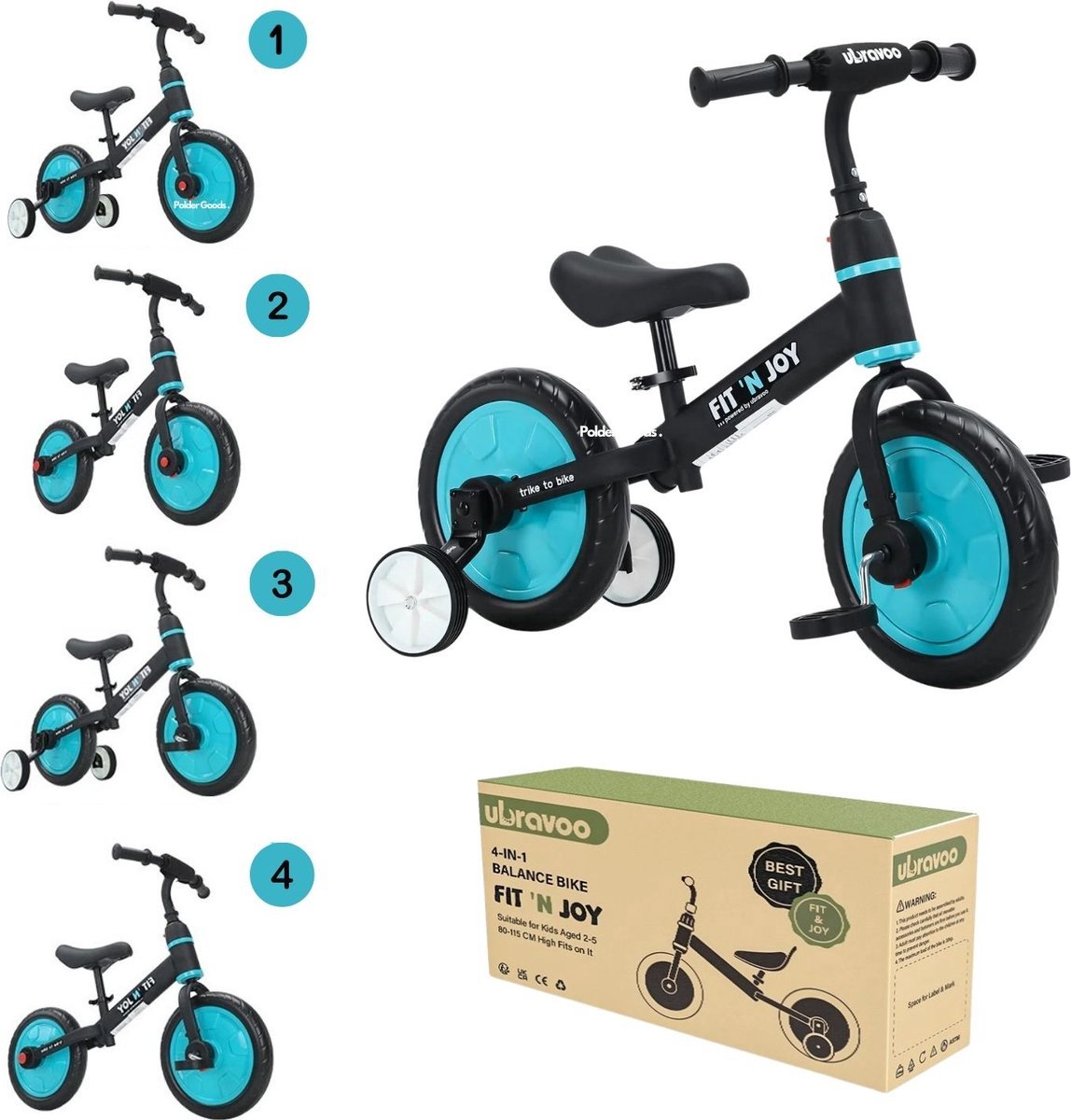 yolo shop 4 in 1 loopfiets jongens 2 jaar tot 5 jaar peuterfiets verstelbaar zadel met pedalen en zijwieltjes maximaal gewicht 30kg