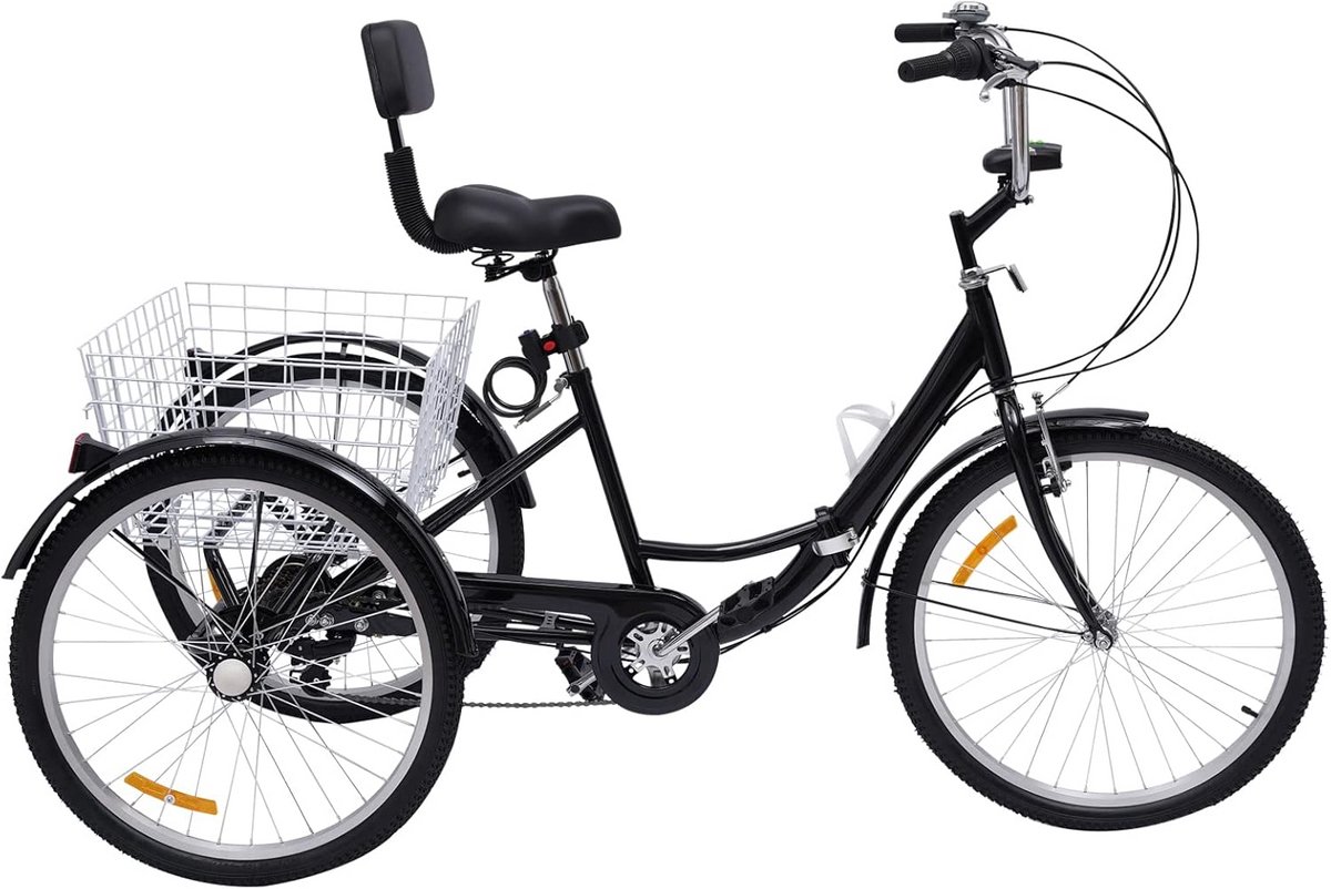 Zwarte 24 inch Driewieler met 7 Versnellingen voor Volwassenen en Senioren - Inclusief Boodschappenmand Driewieler kopen online