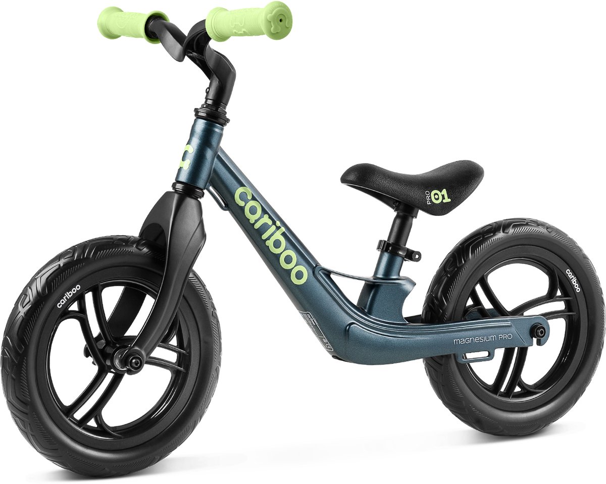 cariboo magnesium pro loopfiets vanaf 2 jaar voor jongens en meisjes 12 inch groen blauw anti lek eva banden verstelbaar stuur en zadel