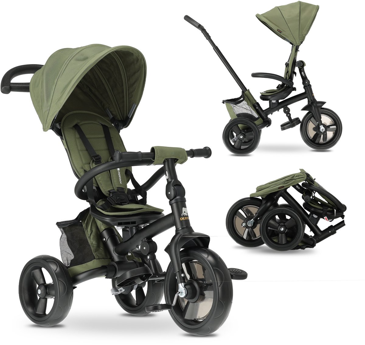 Deryan Explorer Luxe Driewieler met duwstang - Opvouwbaar met mandje groen Driewieler kopen online