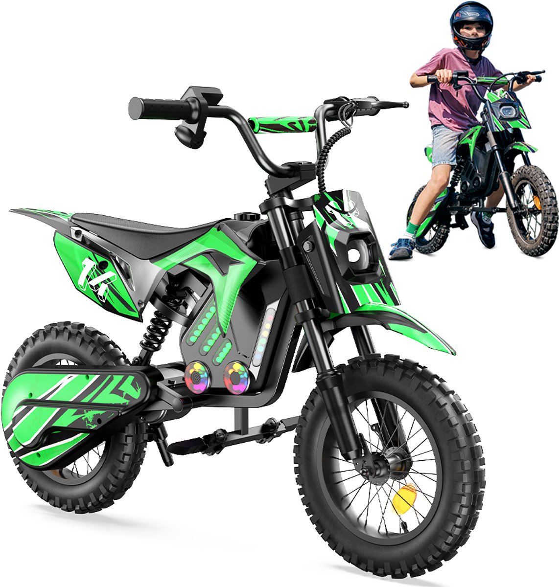 Elektrische motorfiets voor kinderen A14 Groene, 36V 500W, 3 versnellingen, 14" all-terrain banden, actieradius 19-22 km, LED-verlichting, Bluetooth, schokdempers, schijfrem achter Accuvoertuig kopen online