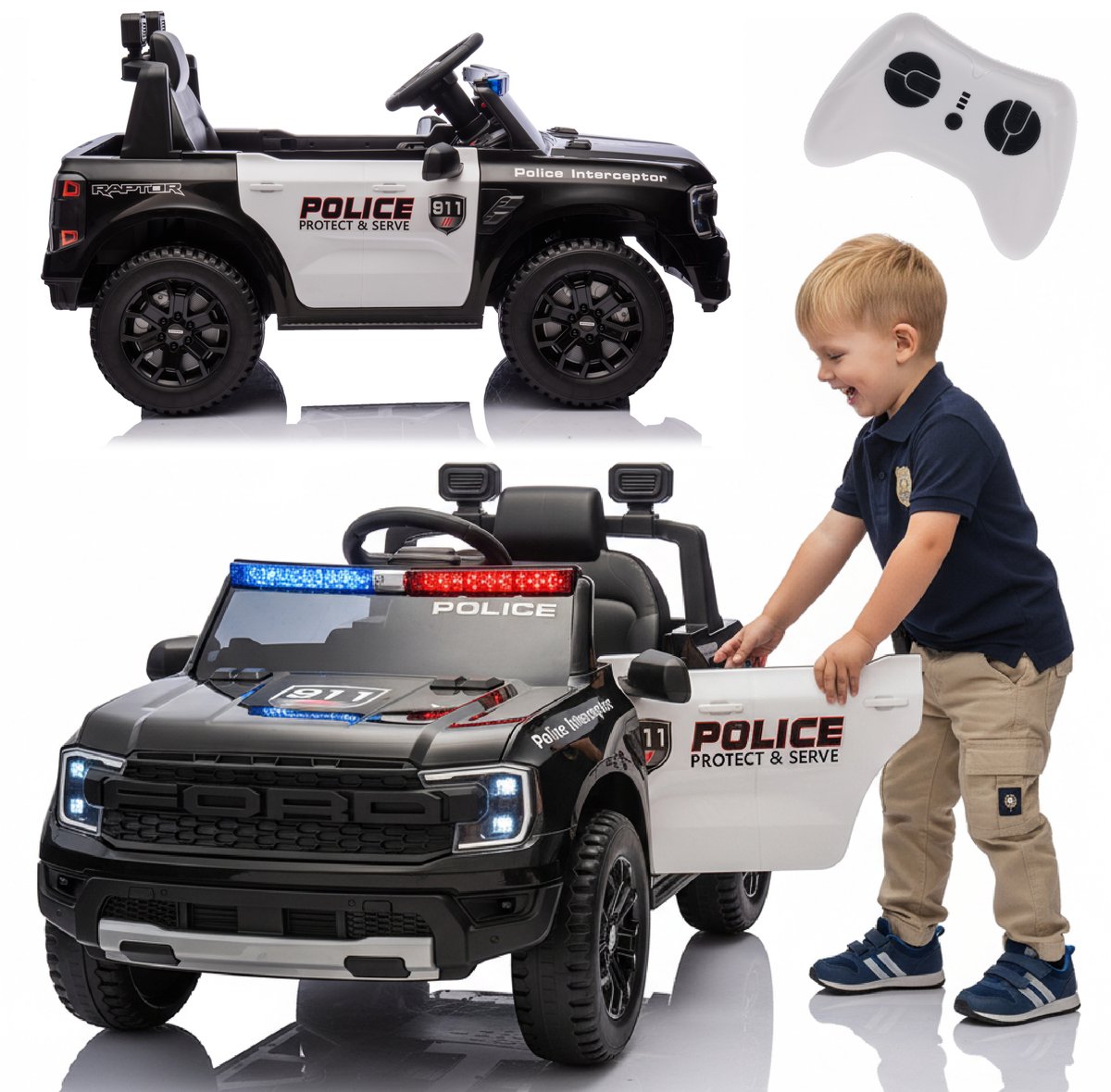 Ford elektrische kinderauto van 3 tot 6 jaar, motorvermogen 30W, afstandsbediening, ophanging, koplampen, MP3-speler (Politie) Accuvoertuig kopen online