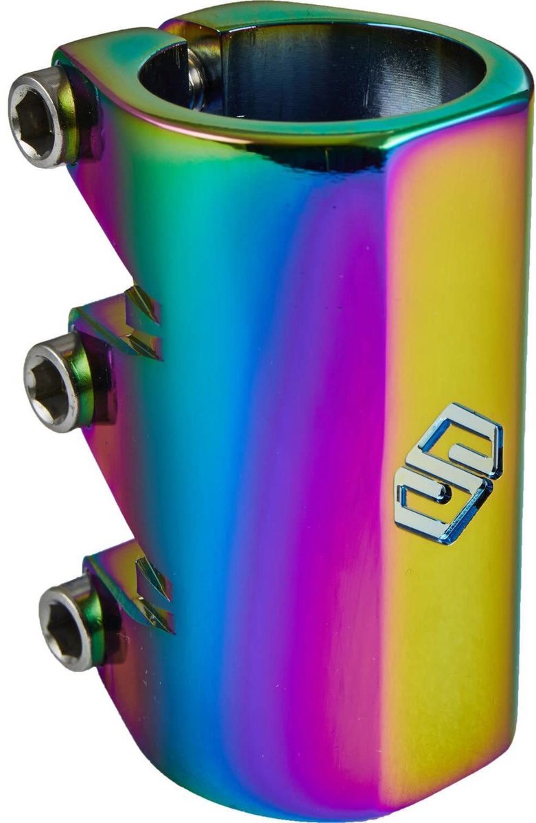 striker essence v2 stuntstep klem scs clamp voor freestyle trickstep en pro scooter aluminium scooter onderdeel regenboog olievlek