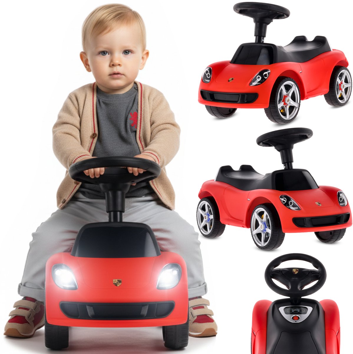 sun baby loopauto voor kinderen vanaf 18 maanden porsche carrera gt stuur met knoppen koplampen realistische stickers tot 30 kg rood