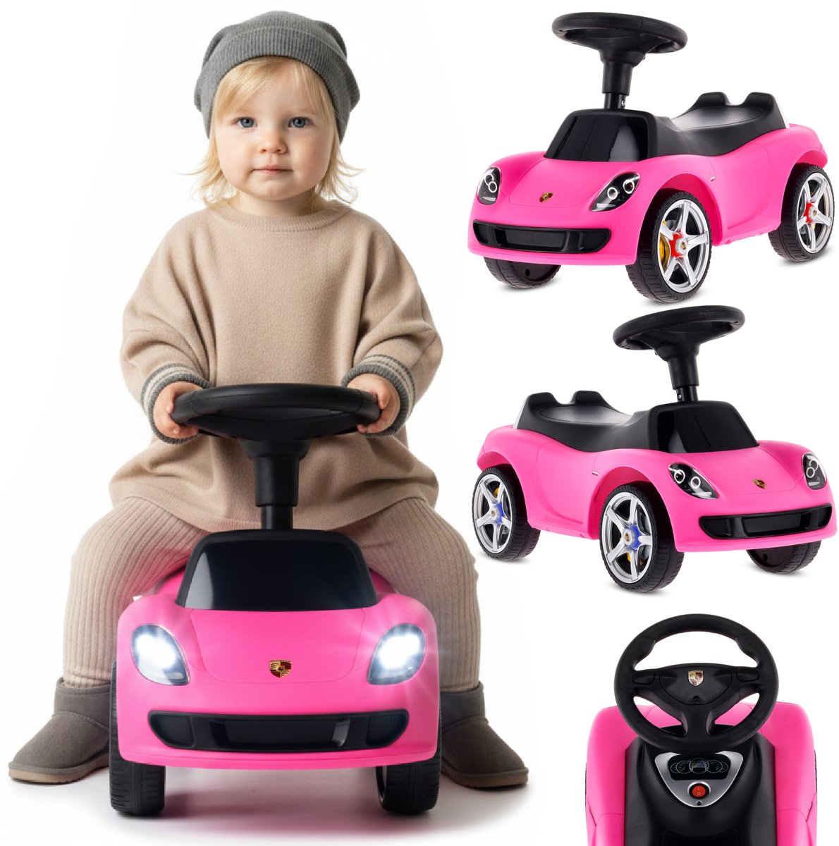 sun baby loopauto voor kinderen vanaf 18 maanden porsche carrera gt stuur met knoppen koplampen realistische stickers tot 30 kg roze