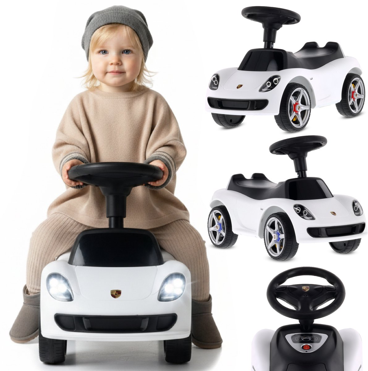 sun baby loopauto voor kinderen vanaf 18 maanden porsche carrera gt stuur met knoppen koplampen realistische stickers tot 30 kg wit