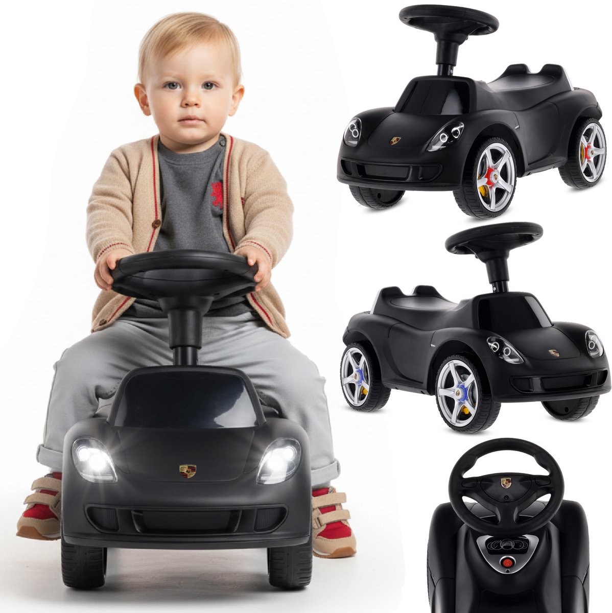 sun baby Loopauto voor kinderen vanaf 18 maanden – Porsche Carrera GT – stuur met knoppen, koplampen, realistische stickers, tot 30 kg, zwart Loopauto kopen online