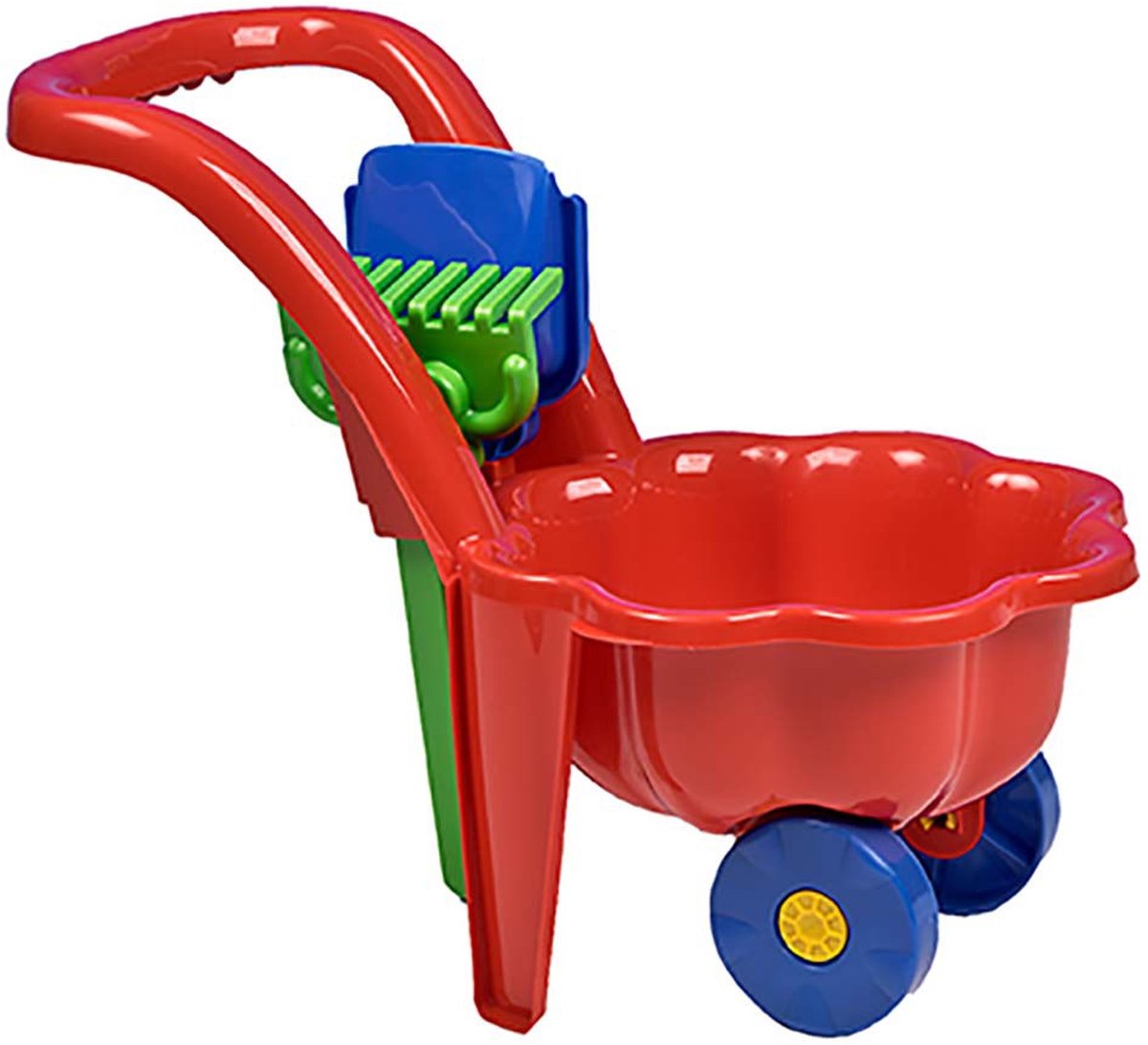BAYO - Speelgoedkruiwagen - Kindertuinwiel rood met hark en troffel - kinderkruiwagen - buitenspeelgoed - plastic speelgoed - motorische ontwikkeling - speelgerei - buitenactiviteit Speelgoedkruiwagen kopen online