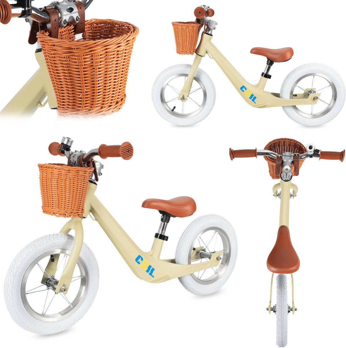 COIL Loopfiets met Rieten Mand – Kinder Loopfiets met Verstelbaar Zadel & Lekvrije Banden – 12 inch wielen - Stijlvol, licht en veilig - Vanaf 2 Jaar - Groente Loopfiets kopen online