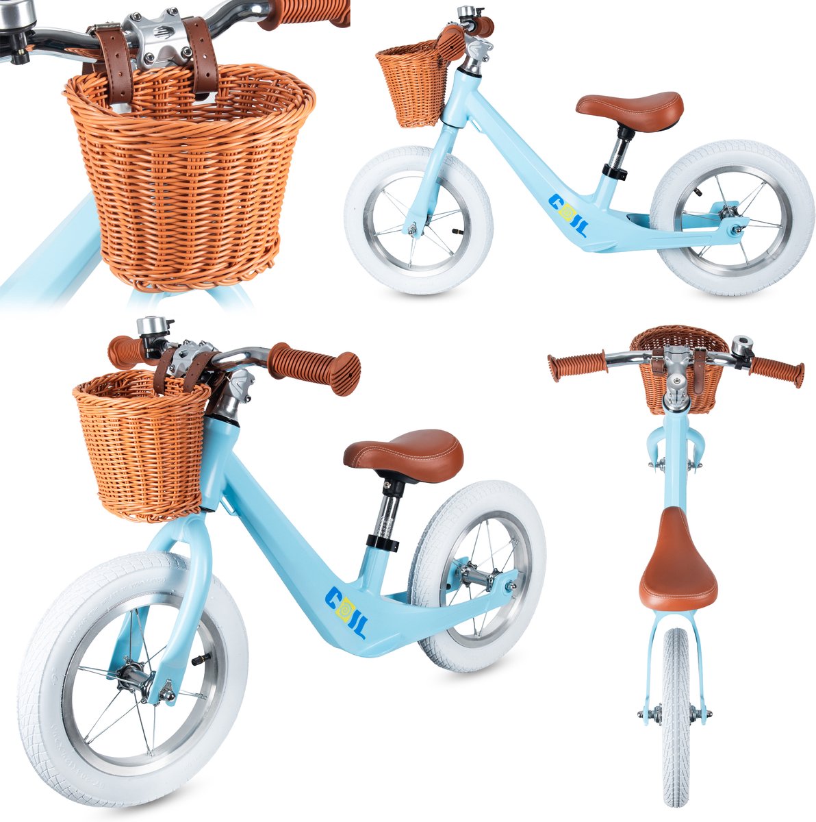 COIL Loopfiets met Rieten Mand – Kinder Loopfiets met Verstelbaar Zadel & Lekvrije Banden – 12 inch wielen - Stijlvol, licht en veilig - Vanaf 2 Jaar - Lichtblauw Loopfiets kopen online