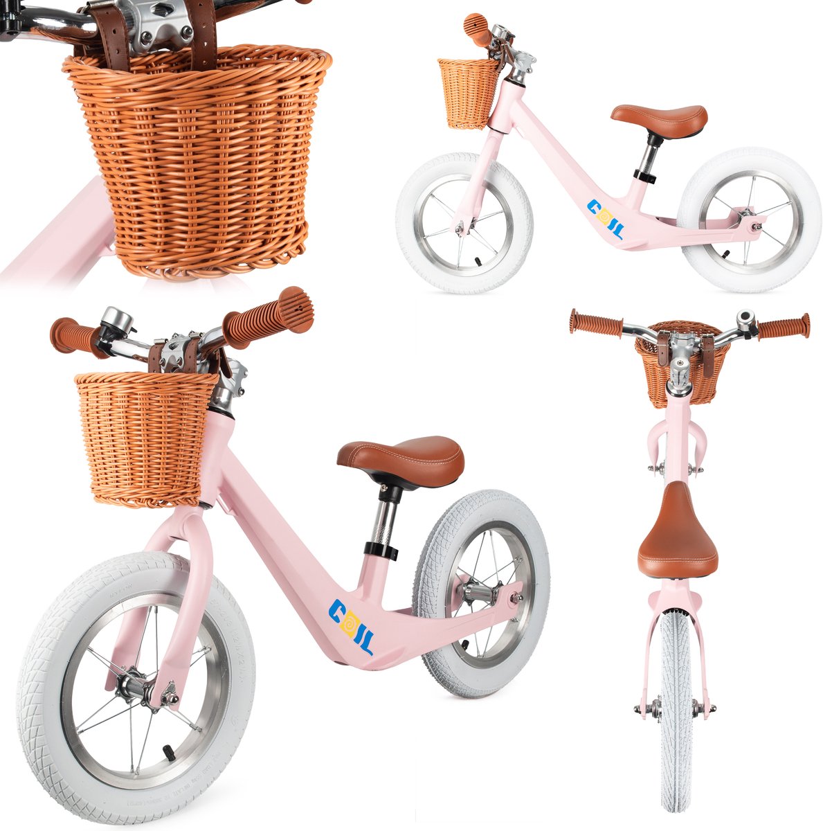 COIL Loopfiets met Rieten Mand – Kinder Loopfiets met Verstelbaar Zadel & Lekvrije Banden – 12 inch wielen - Stijlvol, licht en veilig - Vanaf 2 Jaar - Roze Loopfiets kopen online
