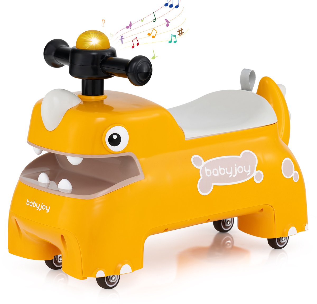 COSTWAY Glijauto, glijvoertuig met opbergruimte onder de zitting, dinosaurus, schuifvoertuig met verlichting, muziek en claxon, glijbaan auto voor kinderen vanaf 1 jaar (geel) Loopfiets kopen online