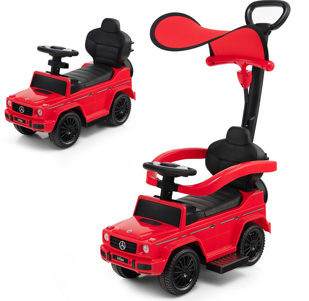 COSTWAY Mercedes Benz Glijauto, 3-in-1 glijbaan met zonnedak, opbergruimte en afneembare beschermbeugel en duwstang, glijvoertuig met motorgeluid en claxon, voor kinderen vanaf 1 jaar, rood Accuvoertuig kopen online