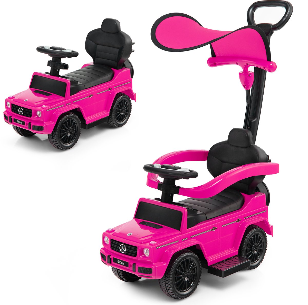 costway mercedes benz glijauto 3 in 1 glijbaan met zonnedak opbergruimte en afneembare beschermbeugel en duwstang glijvoertuig met motorgeluid en claxon voor kinderen vanaf 1 jaar roze