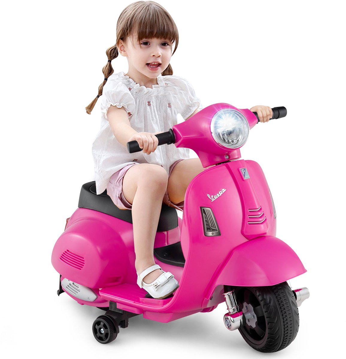 COSTWAY Vespa Elektrische kindermotorfiets, 6 V, met led-koplamp en claxon, 2-2,5 km/u, elektrische kindermotorfiets met steunwielen, voor jongens en meisjes van 18 - 36 maanden, roze Accuvoertuig kopen online