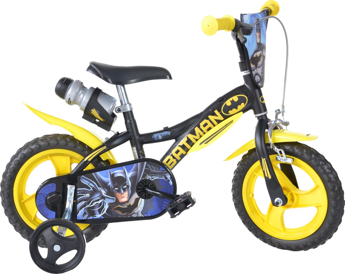 Dino Batman - Kinderfiets 12 Inch - van 2-4 Jaar - met Zijwieltjes - Jongensfiets Zwart Kinderfiets kopen online