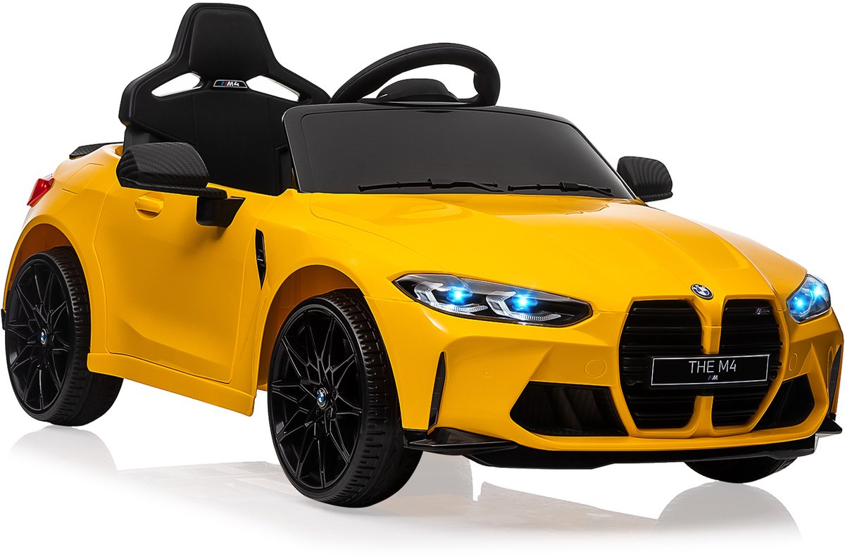 elektrische kinderauto bmw m4 stijl 12v met afstandsbediening vering stuurbevestiging led verlichting muziek softstart geel