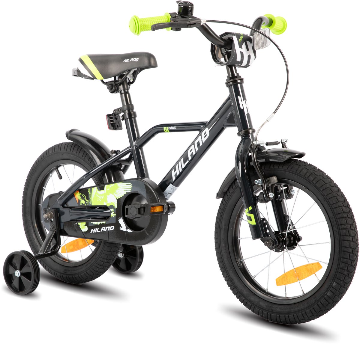 Hiland Stoere Jongensfiets - 14 Inch - Met Zijwieltjes & Standaard - Handrem & Terugtraprem - Zwart/Groen Kinderfiets kopen online