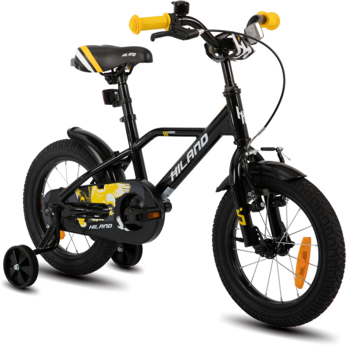 Hiland Stoere Jongensfiets - 14 Inch - Met Zijwieltjes & Standaard - Handrem & Terugtraprem - Zwart/Oranje Kinderfiets kopen online